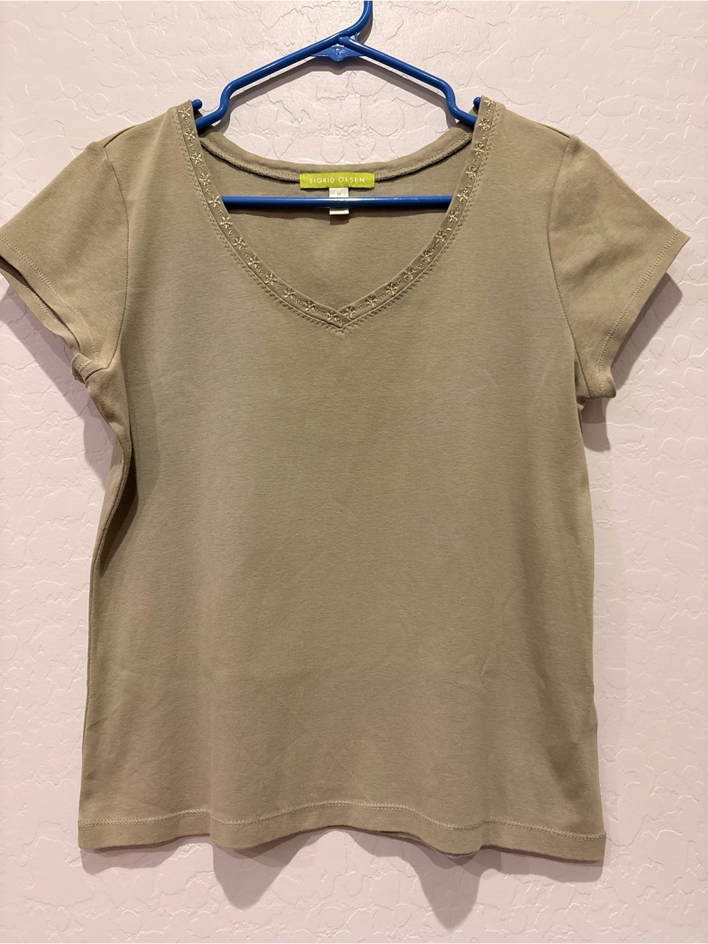 Sigrid Olsen Olive V-Neck Short Sleeve Tee with Gold Embroidered Trim